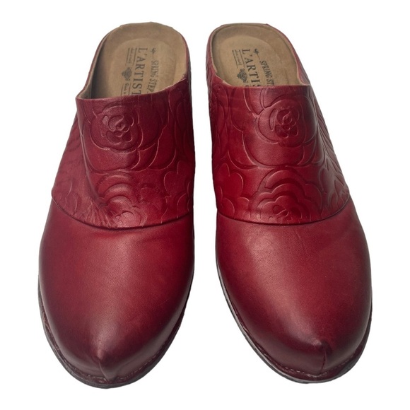 Spring Step L’Artiste Bande Women’s Red Leather Embossed Heeled Mules - Picture 2 of 10